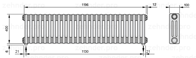 Схема (чертеж) Радиатор Zehnder Charleston 3040/26 №3570 Белый глянцевый RAL 9016
